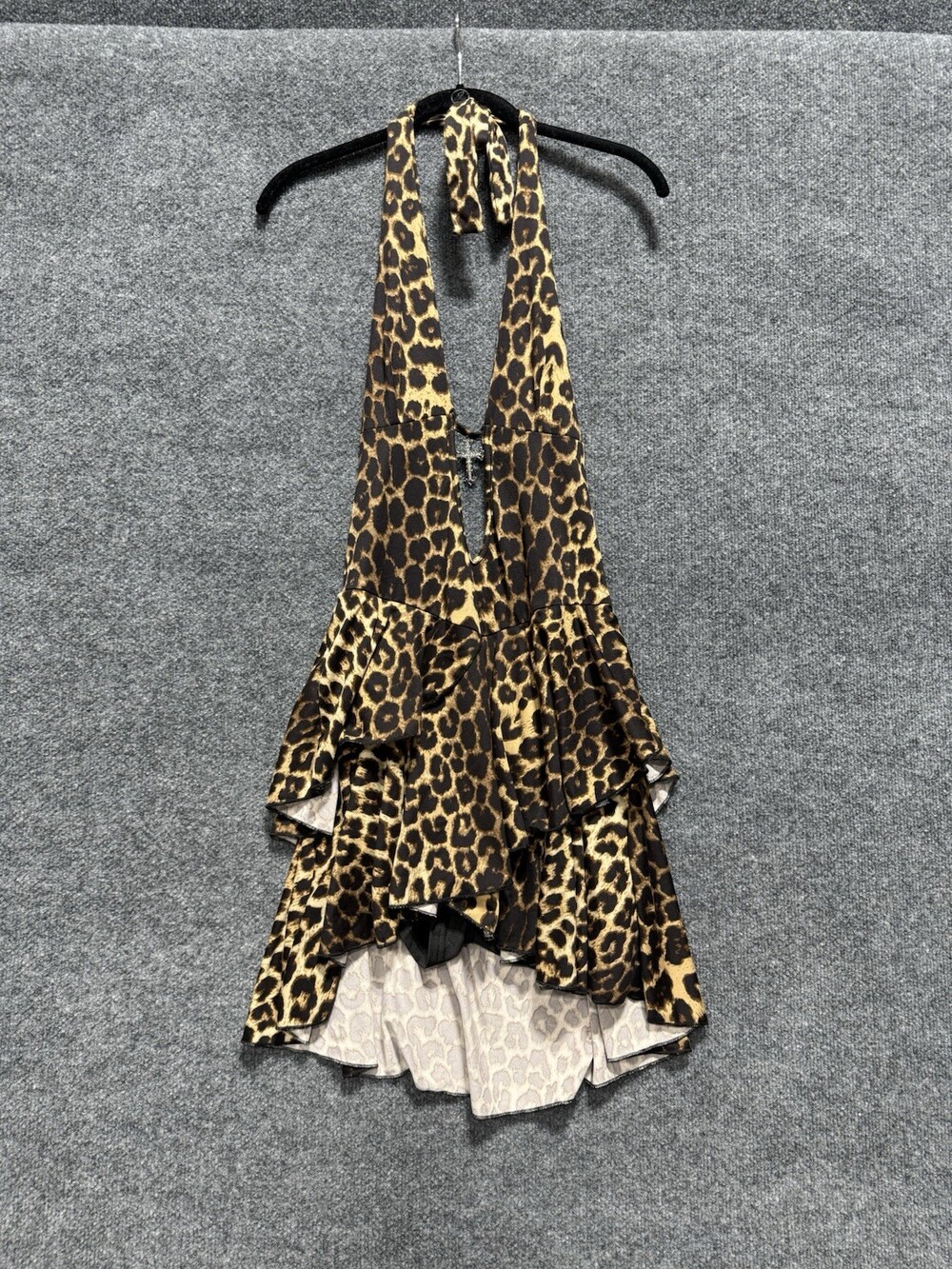 ROMWE Leopard Print Halter Mini Dress Womens Large Ruffle Open Back Animal